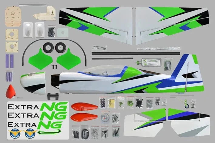 A green, blue, and black model RC airplane kit with detailed parts and accessories. The image shows the disassembled components, including the fuselage, wings, and decals, indicating a Phoenix Model Extra Next Gen 50cc Carbon ARF plane.