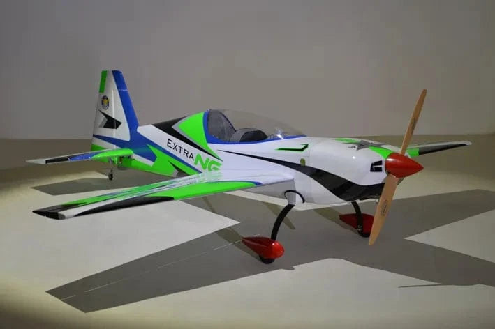 Green and blue Phoenix Model Extra Next Gen 50cc carbon-fiber RC plane on display.