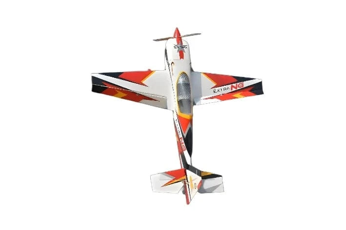 Sleek red and white RC aircraft, Phoenix Model Extra Next Gen 50cc Carbon ARF soaring through the sky.