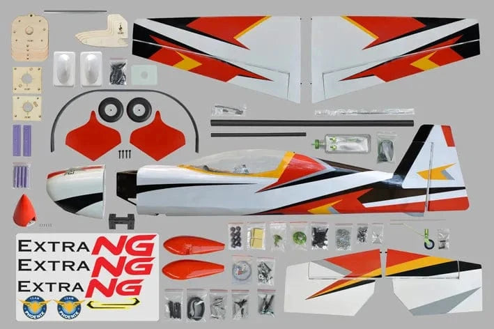Realistic RC plane model in red and white color, featuring detailed components and accessories for hobbyist enthusiasts.