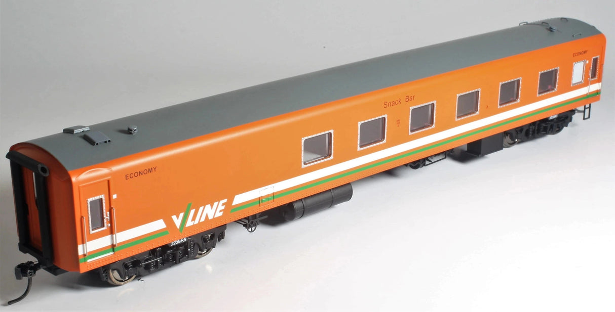 Powerline PC546A HO S-Type Carriage (Broad Gauge) 223BRS Snack Bar V/Line Tangerine with Green/White-Stripe - Hobbytech Toys