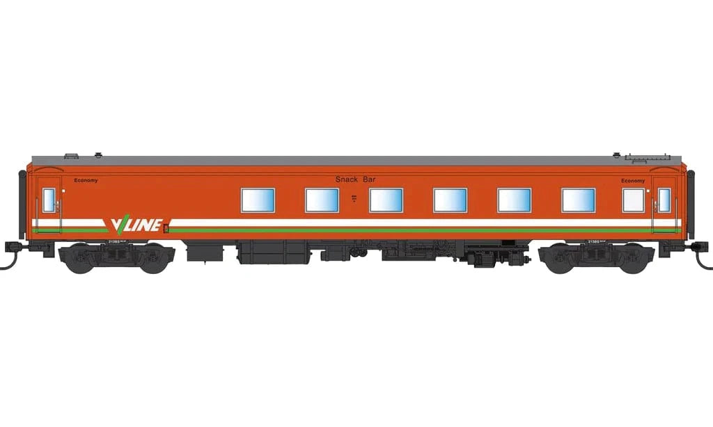 Powerline PC546A HO S-Type Carriage (Broad Gauge) 223BRS Snack Bar V/Line Tangerine with Green/White-Stripe - Hobbytech Toys