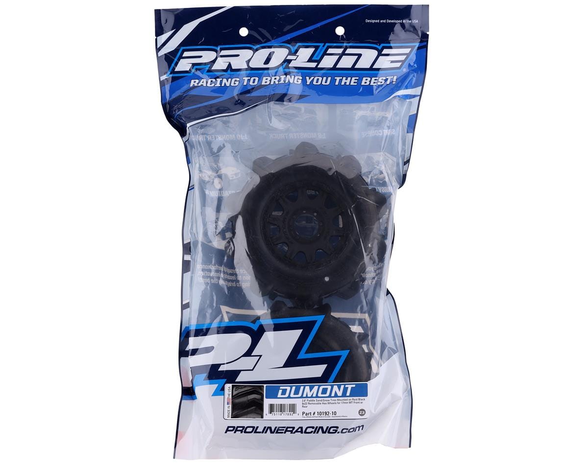 Proline Dumont 3.8in Paddle Tyres Mounted on Raid Black Wheels, 17mm Hex, F/R, PR10192-10 - Hobbytech Toys
