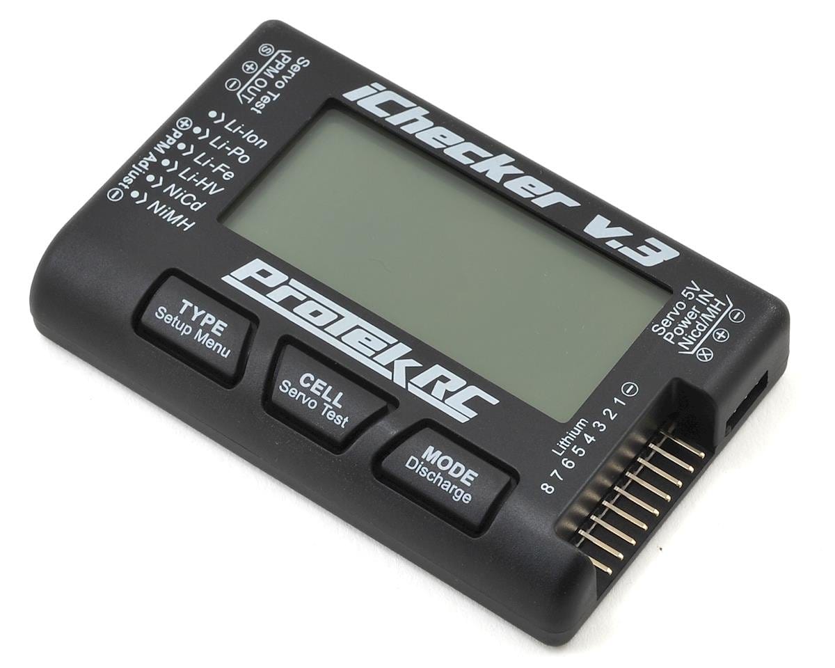 Compact ProTek RC iChecker 3.0 LCD LiPo battery cell checker with digital display and control buttons