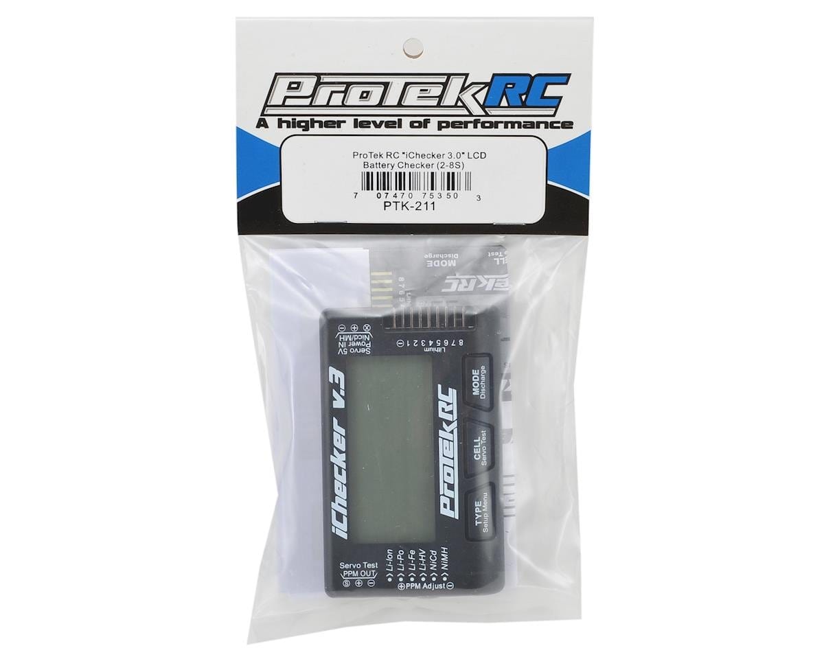 ProTek RC iChecker 3.0 LCD LiPo Battery Cell Checker (2-8S), a compact and versatile battery monitoring device displayed in a clear packaging.