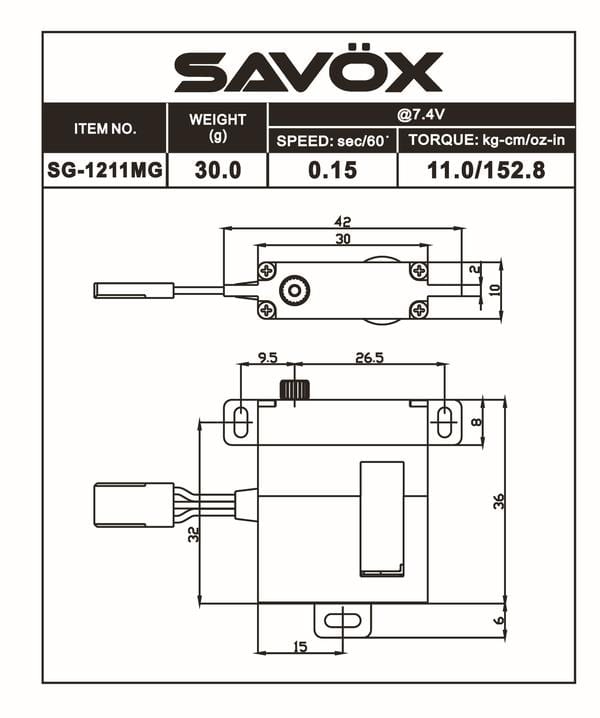 Savox 1211MG Glider Wing Servo 10mm Thick 11kg 7.4V Savox RADIO GEAR