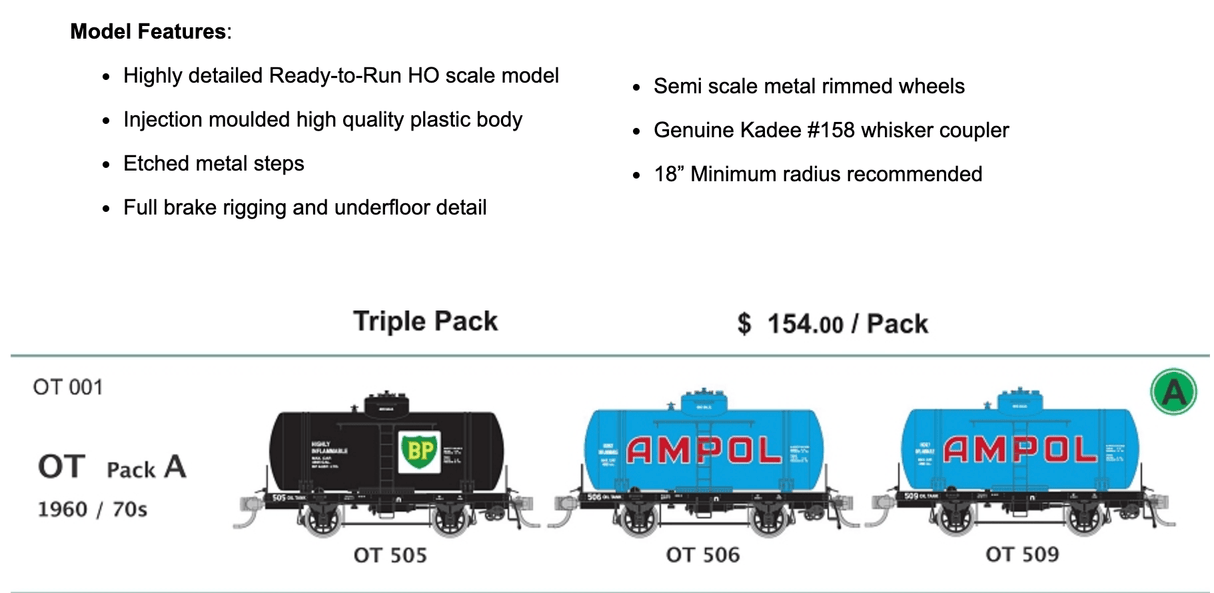 SDS HO OT Oil Tank Wagon Pack A 1960/1970 (OT505/506/509) SDS Models TRAINS - HO/OO SCALE