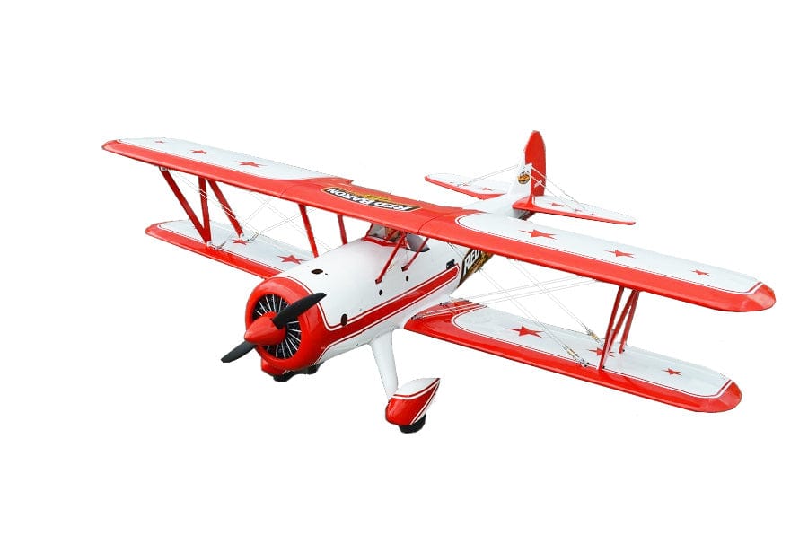Vibrant red and white biplane model, Seagull PT-17 Stearman Red Baron 20cc ARF, a detailed remote-controlled aircraft for enthusiasts.