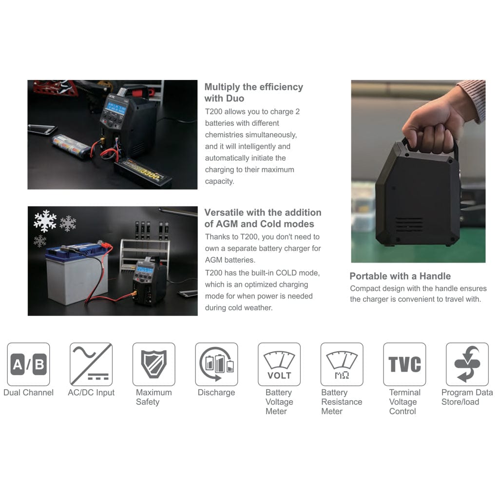 Compact SKY RC T200 AC/DC charger with dual outputs, versatile for charging various battery types, and portable design for convenient use.