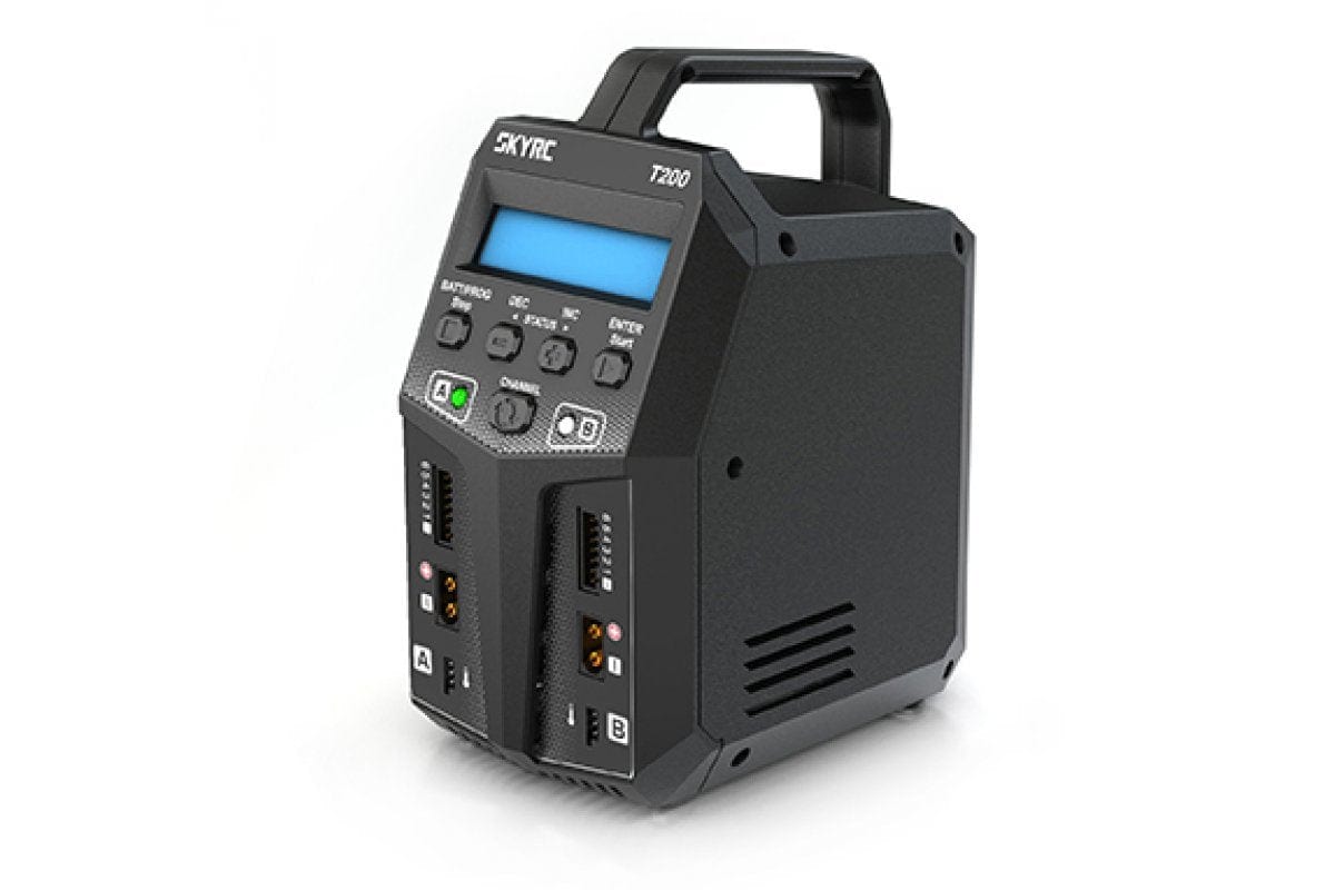 Sleek and compact Sky RC T200 AC/DC 12A dual-output charger for versatile battery charging.