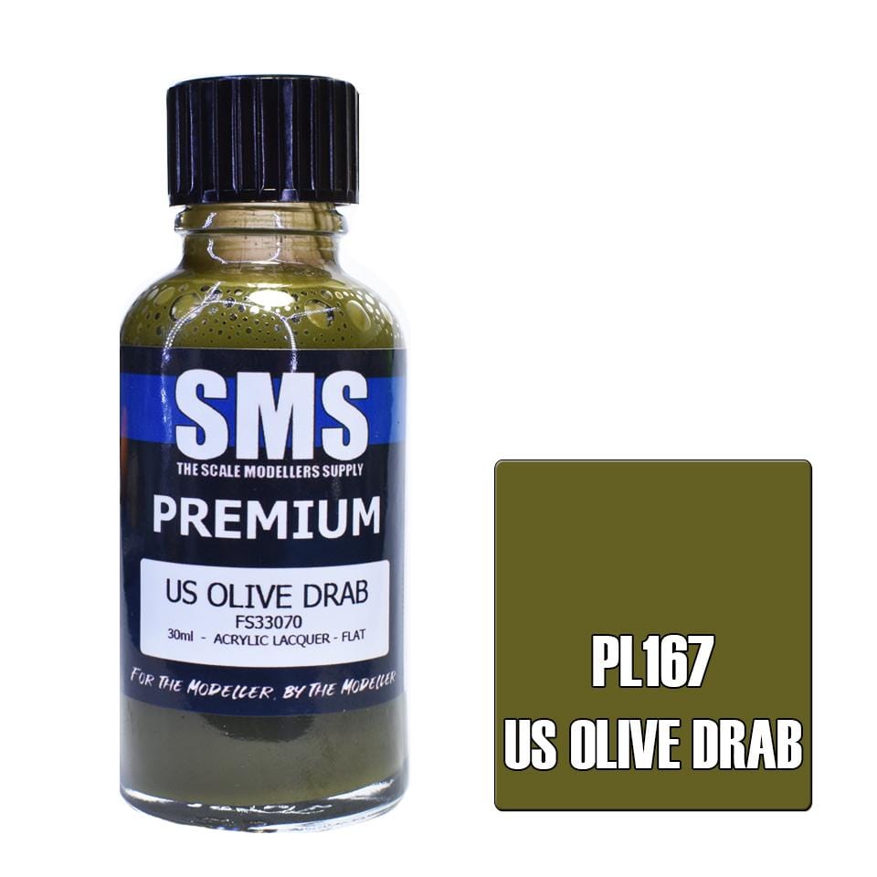 SMS PL167 Premium Acrylic Lacquer US Olive Drab 30ml Scale Modellers Supply PAINT, BRUSHES & SUPPLIES