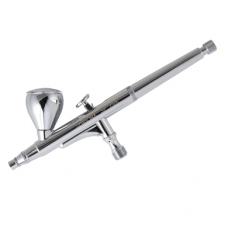 Sleek chrome airbrush with dual action control for precise paint application.