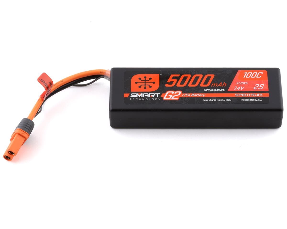 High-capacity Spektrum 5000mAh 2S 7.4V 100C Smart G2 LiPo battery with IC5 connector for RC applications.
