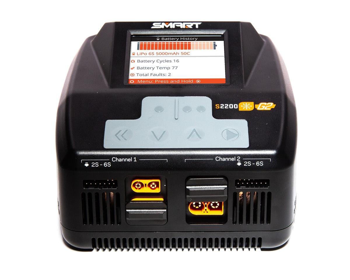 Sleek dual-channel Spektrum Smart S2200 charger with digital display, featuring 2x200W AC charging capabilities for efficient battery management.