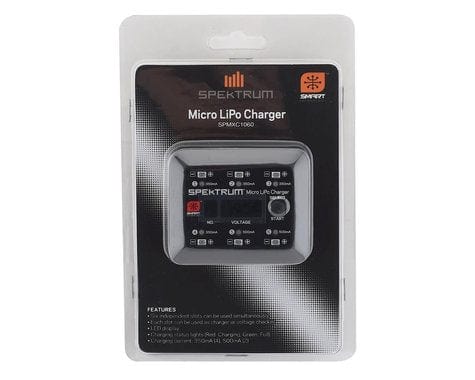 Compact Spektrum Micro 6-Port DC/USB 1S LiPo Battery Charger with intuitive LED display for convenient charging.