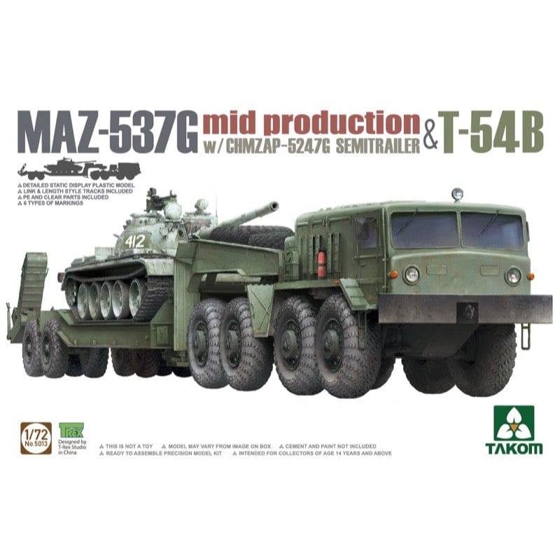 Takom 5013 1/72 MAZ-537G w/ChMZAP-5247G Semi-trailer mid production & T-54B Plastic Model Kit Takom PLASTIC MODELS