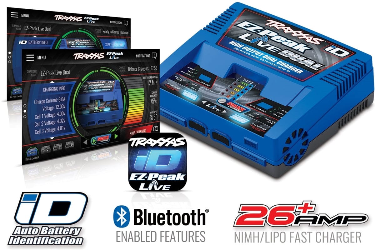 Traxxas EZ-Peak Live Dual ID Charger (2S/3S/4S Lipo): A powerful and versatile battery charger with Bluetooth connectivity and a 26+ amp charging capacity, designed for remote control vehicle enthusiasts.