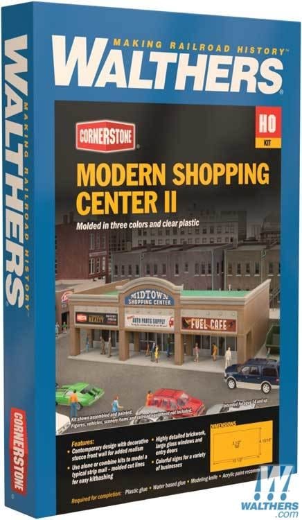 Walthers Cornerstone HO Modern Shopping Center II - Kit - 10-1/2 x 4-15/16 x 3-1/2in 26.6 x 12.5 x 8.8cm Walthers Cornerstone TRAINS - HO/OO SCALE