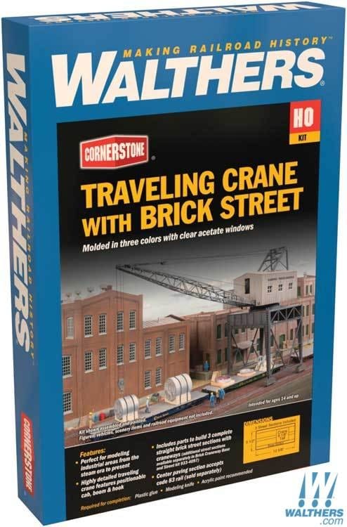 Walthers Cornerstone HO Traveling Crane with Brick Street - Kit - Crane 4 x 4 x 9-1/8in, Street Sections 12-5/8 x 5-1/2in Walthers Cornerstone TRAINS - HO/OO SCALE