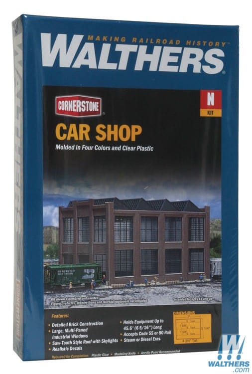 Walthers Cornerstone N Car Shop - Kit - 7 x 5-1/4 x 4-3/4in 17.7 x 13.3 x 12cm Walthers Cornerstone TRAINS - N SCALE