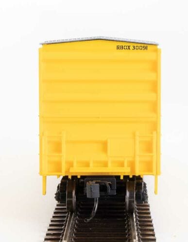 Walthers Mainline HO 50ft ACF Exterior Post Boxcar - Ready to Run - Railbox #30091 (yellow, Black Door; Small Logo, Slogan) - Hobbytech Toys