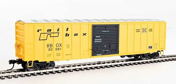 Walthers Mainline HO 50ft ACF Exterior Post Boxcar - Ready to Run - Railbox #30091 (yellow, Black Door; Small Logo, Slogan) - Hobbytech Toys