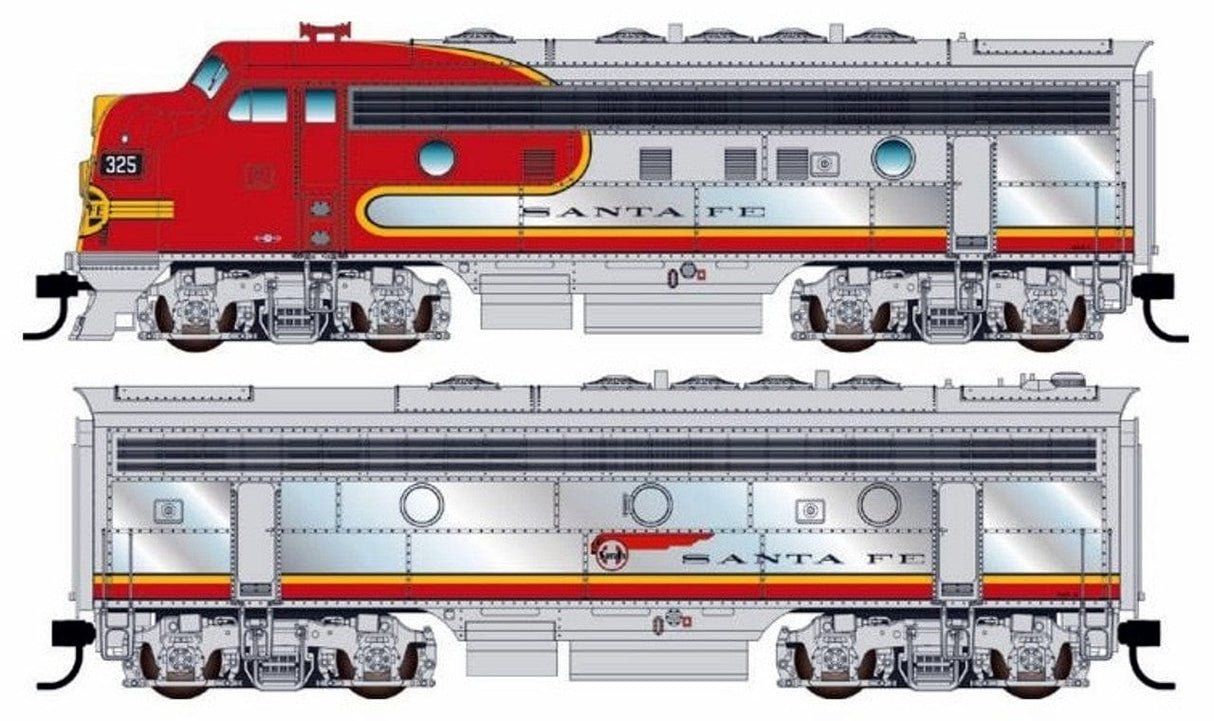 Walthers Mainline HO EMD F7 A-B Set - ESU Sound and DCC - Santa Fe #325L, 325A (Passenger Warbonnet; silver, red, black) - Hobbytech Toys