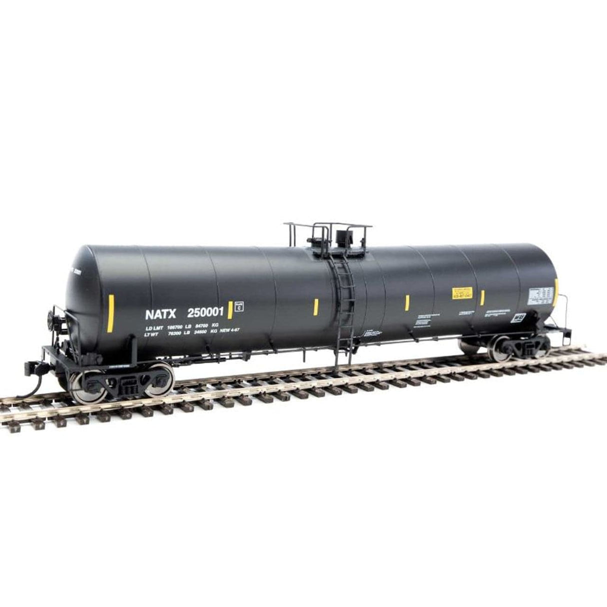 Walthers Mainline HO Trinity 25,000-Gallon Tank Car - Ready to Run - North American Tank Car Line NATX #250013 (black, white, yellow stripes) - Hobbytech Toys