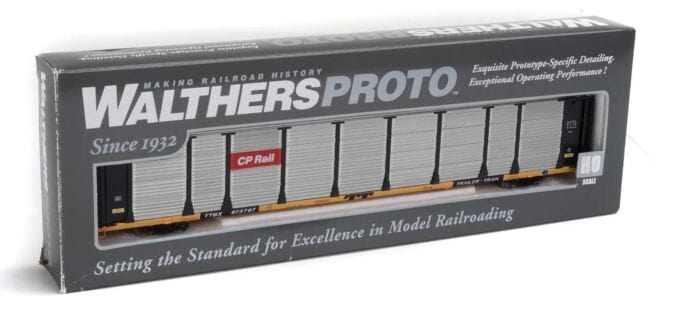 Walthers Proto 101328 HO 89ft Thrall Bi-Level Auto Carrier - Ready To Run - Canadian Pacific #973707 / TTGX Flatcar (Car: black, silver; Flat: yellow) - Hobbytech Toys