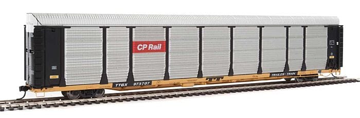 Walthers Proto 101328 HO 89ft Thrall Bi-Level Auto Carrier - Ready To Run - Canadian Pacific #973707 / TTGX Flatcar (Car: black, silver; Flat: yellow) - Hobbytech Toys