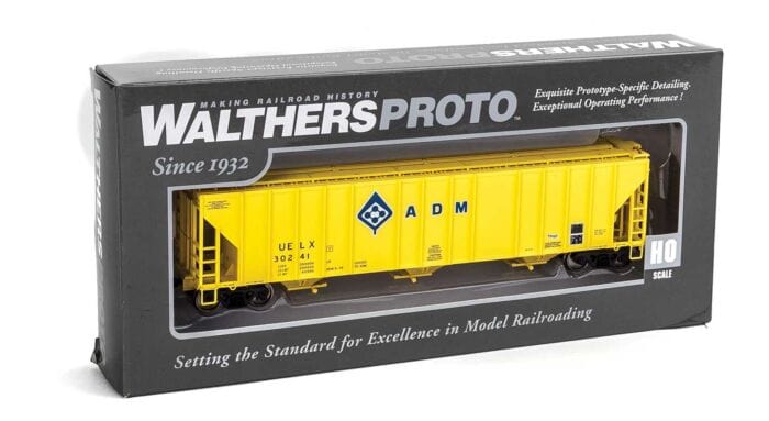 Walthers Proto 106151 HO 55ft Evans 4780 Covered Hopper - Ready To Run - Archer-Daniels-Midland UELX #30241 (yellow, molecule logo) - Hobbytech Toys