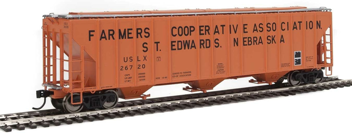 Walthers Proto HO 55ft Evans 4780 Covered Hopper - Ready To Run - Farmers Co-op Association USLX #26720 (St. Edwards, Nebraska; orange, black) - Hobbytech Toys