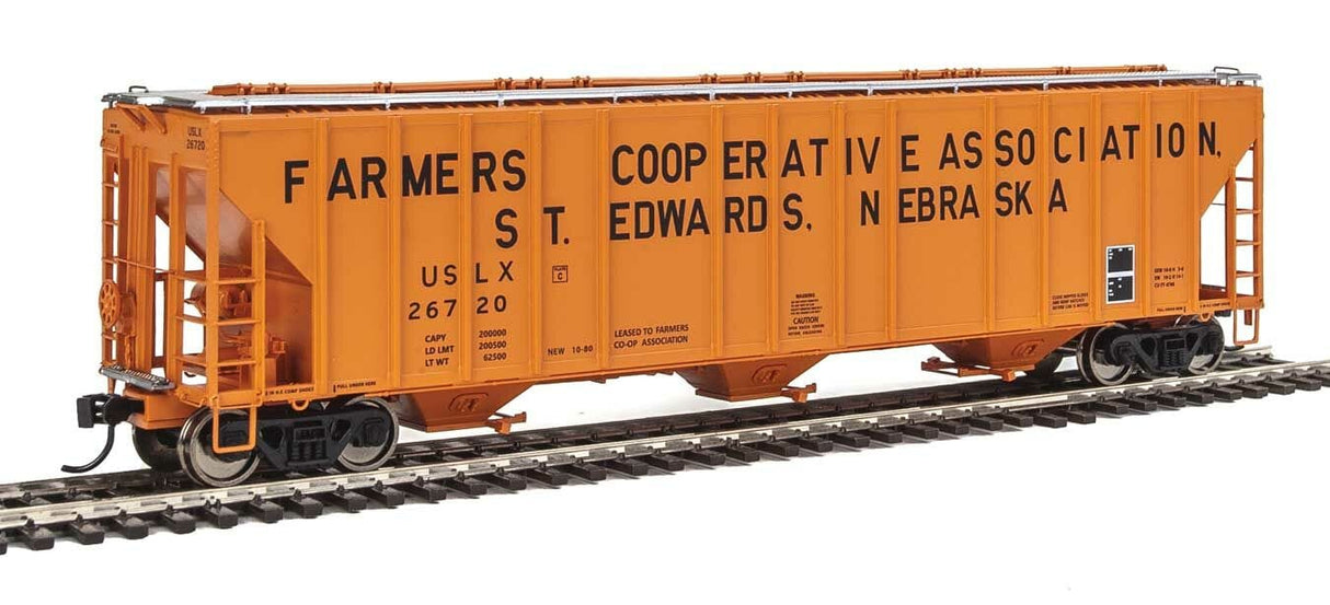 Walthers Proto HO 55ft Evans 4780 Covered Hopper - Ready To Run - Farmers Co-op Association USLX #26720 (St. Edwards, Nebraska; orange, black) - Hobbytech Toys