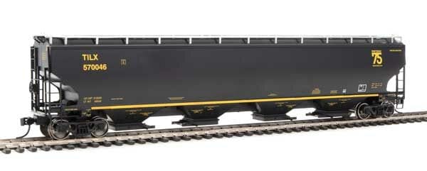 Walthers Proto HO 67ft Trinity 6351 4-Bay Covered Hopper - Ready to Run - Trinity Industries Leasing TILX #570046 (black, gold; 75th Anniversary Logo) - Hobbytech Toys