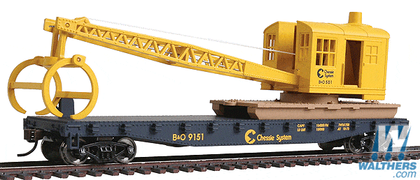 Walthers Trainline HO Flatcar with Logging Crane - Ready to Run - Chessie System-B&O (blue, yellow) Walthers Trainline TRAINS - HO/OO SCALE