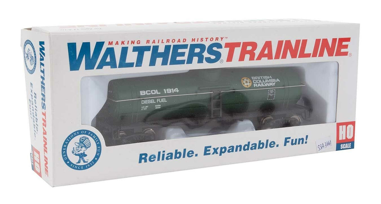 Walthers Trainline HO Tank Car - Ready To Run - British Columbia Railway (green, yellow, white; Dogwood Logo) - Hobbytech Toys