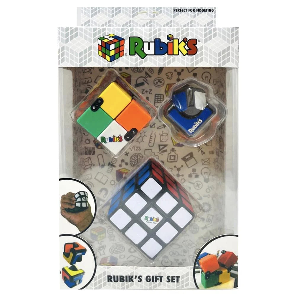Colorful Rubik's Cube puzzle toys and accessories displayed in gift set packaging, including a squishy cube, infinity cube, and spin cublet.