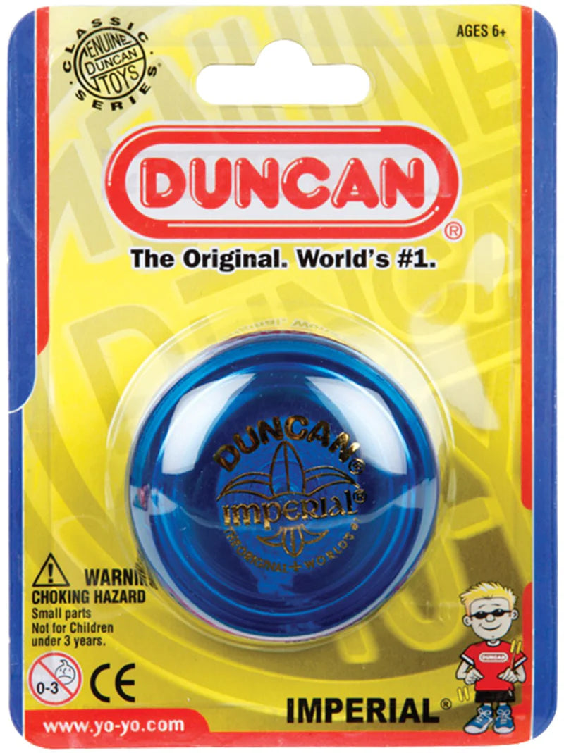 Classic Duncan Imperial blue yo-yo, a popular toy for ages 6 and up, displayed on a bright yellow packaging with the Duncan brand logo.