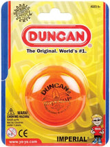 Classic Duncan yo-yo in vibrant orange color, part of the brand's "Imperial" line, displayed in a bright, eye-catching product packaging.