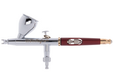 Polished chrome airbrush with a burgundy body, featuring a 2-in-1 design for precise spraying with nozzle sizes of 0.15mm and 0.4mm. The Harder and Steenbeck Infinity CR Plus airbrush set offers versatile functionality for detailed painting and airbrushing.