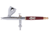 High-quality dual-nozzle Harder and Steenbeck Infinity CR Plus airbrush with 0.2 and 0.4 mm nozzles, a chrome-plated design, and a burgundy and gold color scheme.