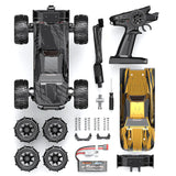 Sleek and powerful MJX 1/14 Hyper Go 4WD high-speed off-road brushless RC truggy with sturdy chassis, rugged tires, and advanced remote control.