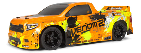 High-performance orange RC car with Venom2 graphics, ready for all-wheel-drive action.