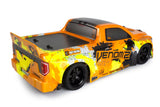 Sleek orange RC car with bold yellow and black graphics, ready for high-speed off-road racing action.