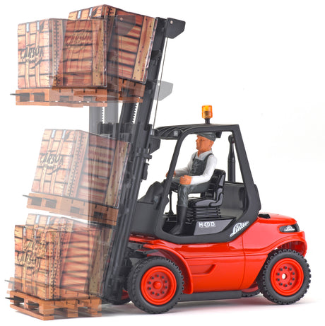 Detailed 1/14 scale Carson RC Forklift transporting cargo on white background.