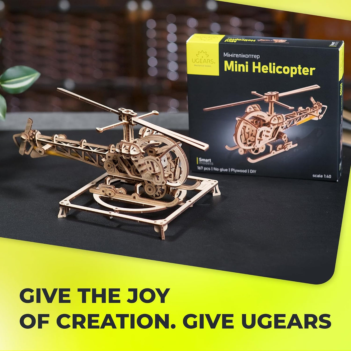 UGears 70225 Mini Helicopter Wooden Model Kit - Hobbytech Toys
