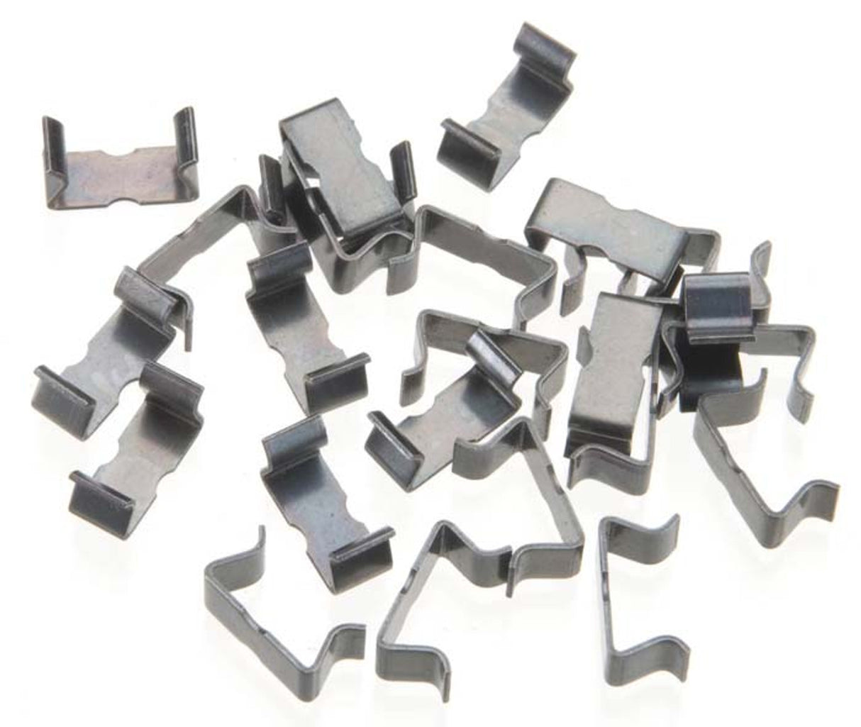 Silver metal track clips for AFX slot car racing, featuring multiple interlocking pieces in various shapes and sizes.