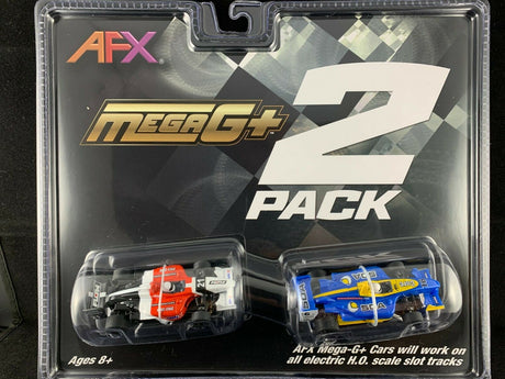 Two high-speed AFX Mega-G+ slot cars in a twin pack, showcasing the vibrant red and blue racing designs on a sleek, modern packaging.