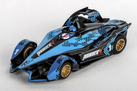 Sleek black and blue Formula "N" slot car with bold graphics and golden accents, ready for high-speed racing.