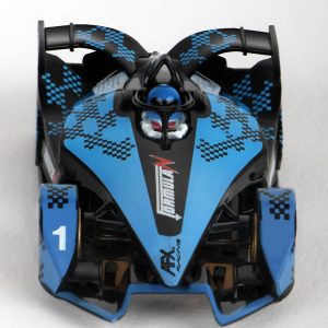 Sleek, high-speed slot car in blue and black colors with bold racing graphics. Aggressive design featuring a prominent front spoiler and detailed bodywork.